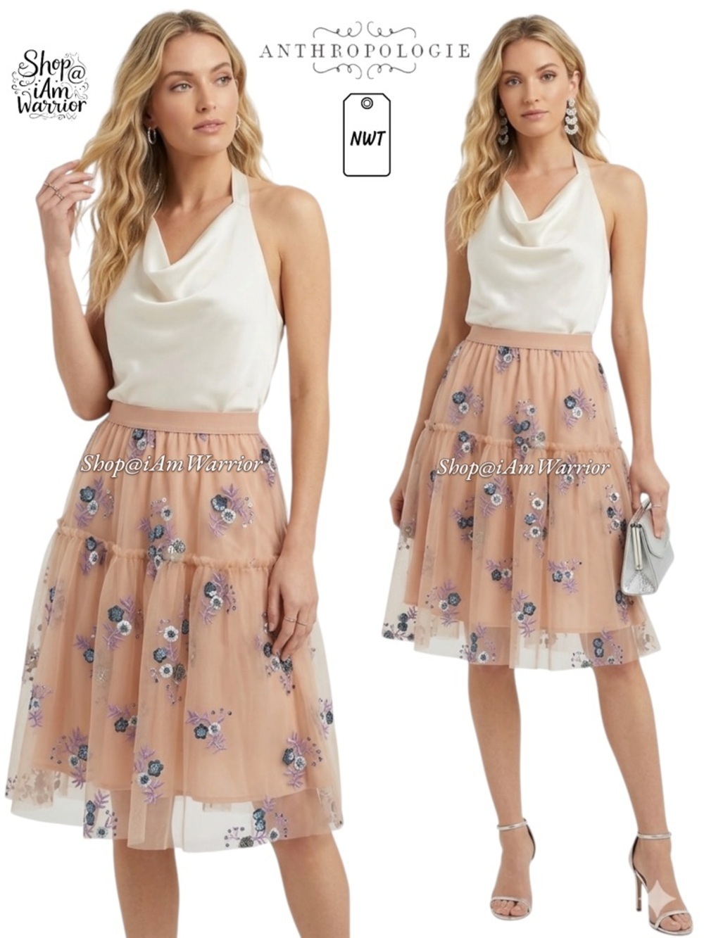 Anthropologie Eva Franco NWT blush floral embroidered sequin tulle pull-on skirt